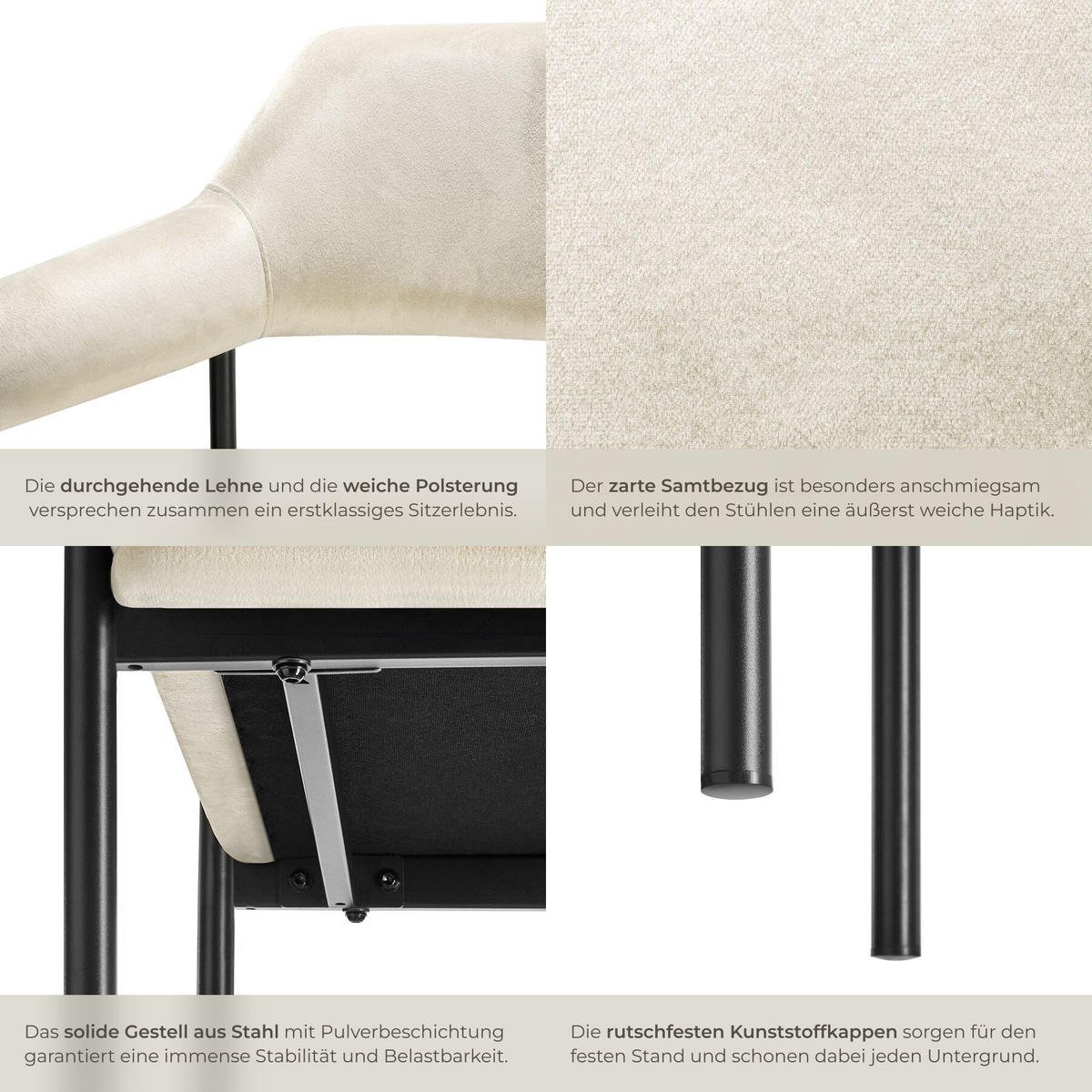 ARMLEHNSTUHL 2er Set Doé 58 x 62 x 85 cm Samtoptik off-white - Weiß/Samtahornfarben, Textil (58/85/62cm) - tectake