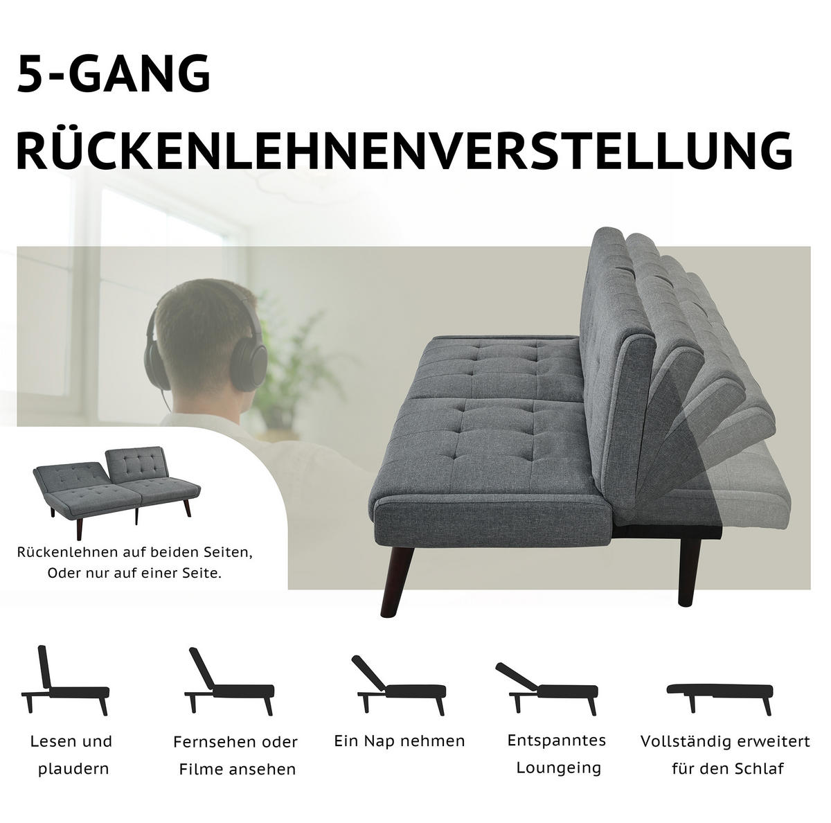 SCHLAFSOFA aus Leinen 146 cm in Grau mit 5-fach verstellbarer Rückenlehne - Grau, Textil (157/70/51cm) - Modfu