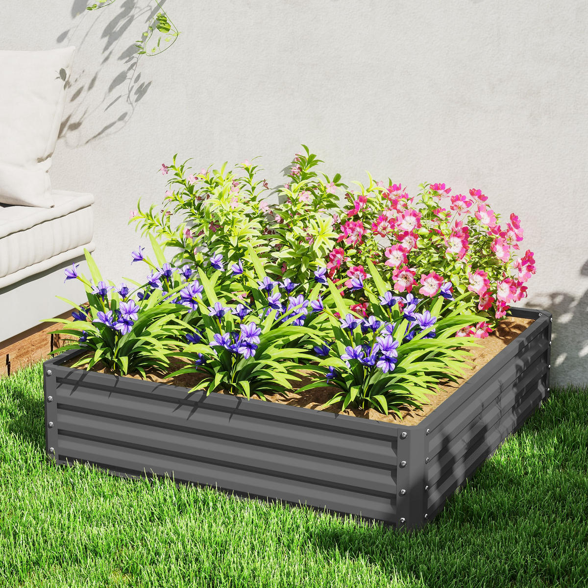 GARTENBEET, Pflanzkasten, Blumenkasten mit Stahlgehäuse, 120 x 120 x 30 cm - Hellgrau, Metall (120/30/120cm) - Outsunny