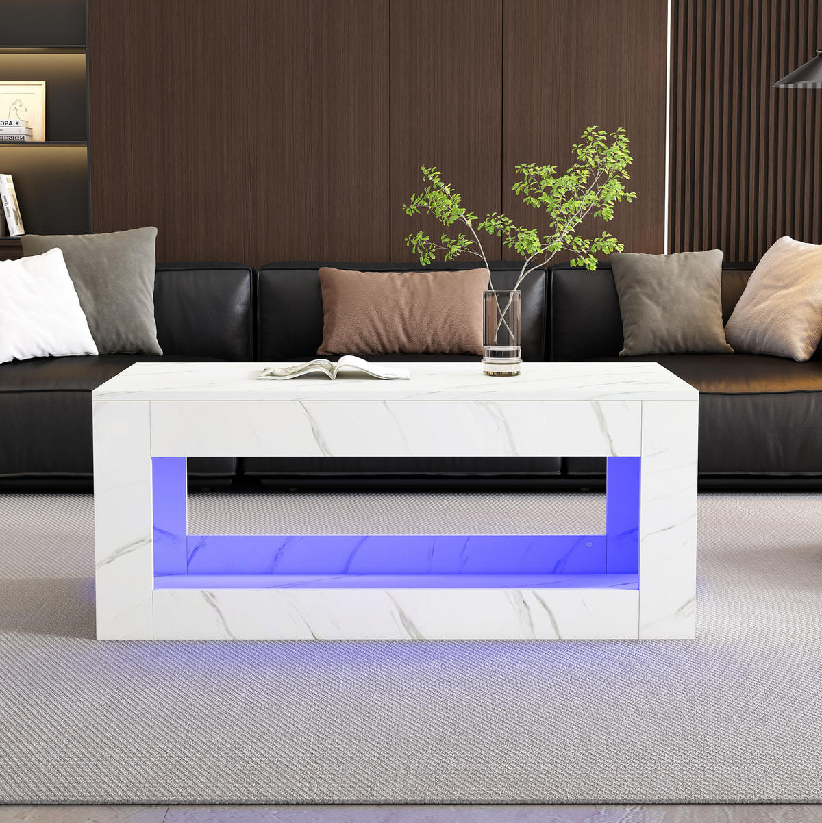 KONFERENČNÍ stolek z dřevotřísky 100x50x50 cm bílý s LED osvětlením, vysokým leskem a otevřeným úložným prostorem - bílá, kompozitní dřevo (100/50/50cm) - Modfu