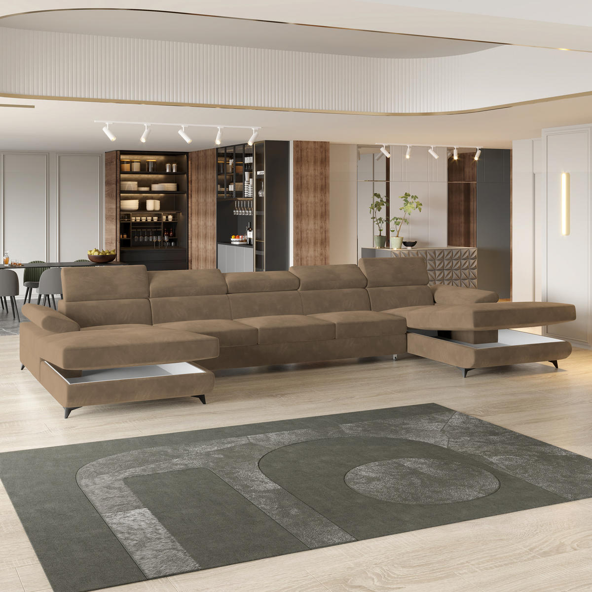 WOHNLANDSCHAFT VIVENTE Beige Velours-Stoff mit Schlaffunktion - Beige, Holz (410/89/190cm) - MASSENO