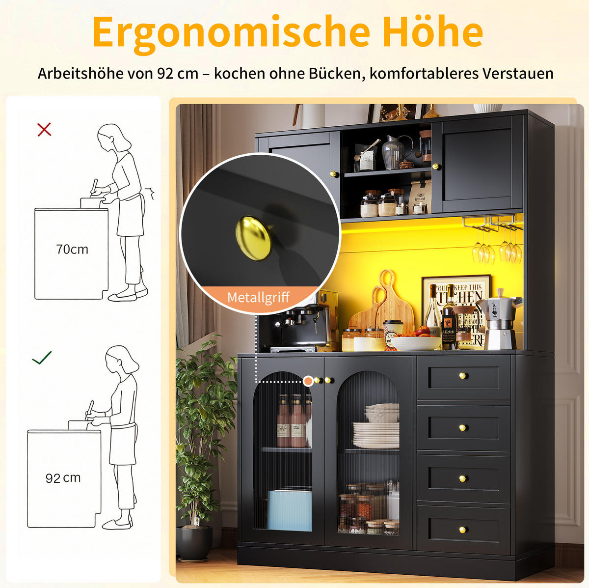 BUFFETSCHRANK 120/40/188 cm schwarz aus MDF mit LED-Lichtleiste - Schwarz, Holzwerkstoff (120/188/40cm) - OKWISH