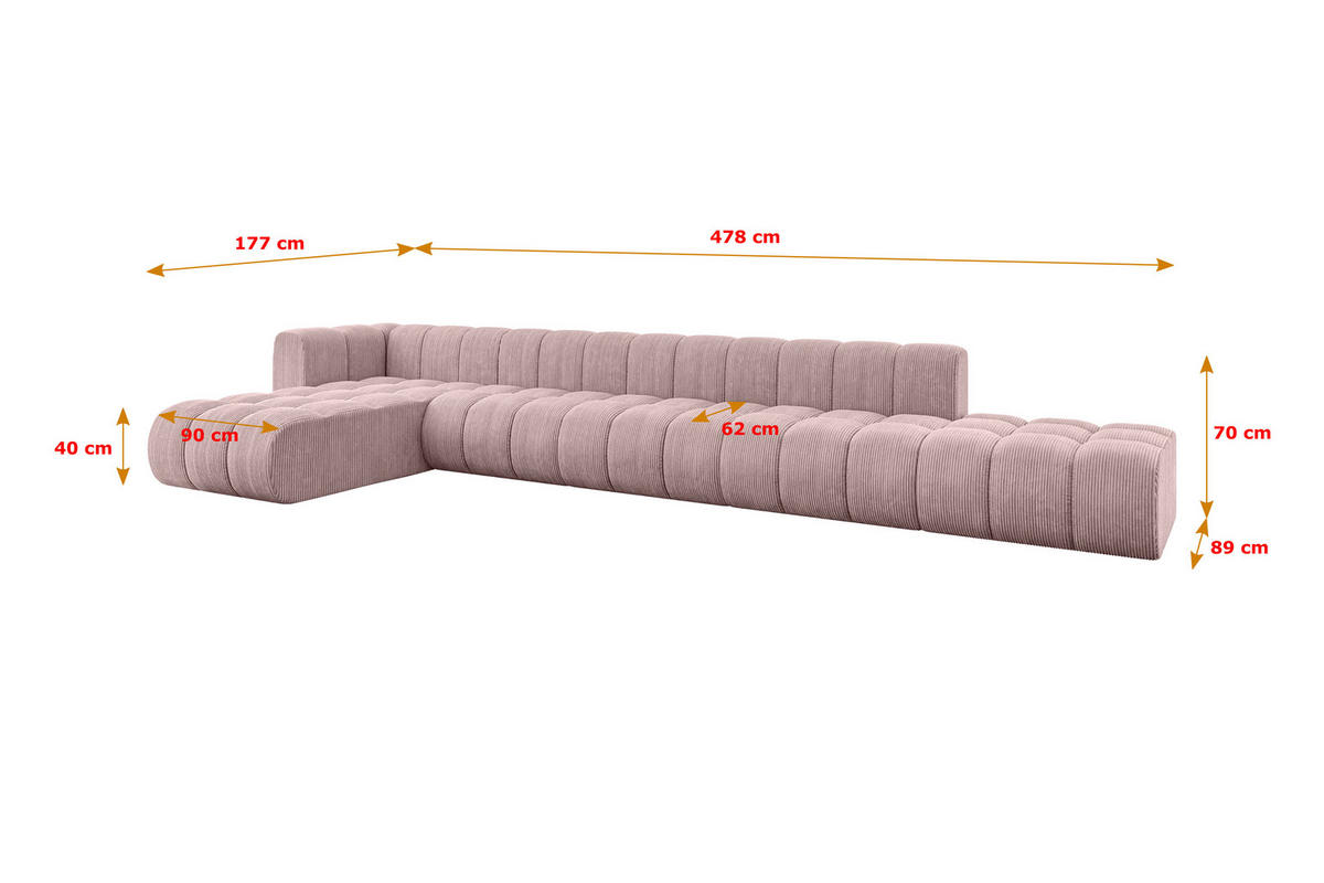 ECKSOFA modulares Sofa Zuvon-L3 - 478x177x70 cm Rosa - Rosa, Holzwerkstoff/Textil (478/177cm) - ALTDECOR