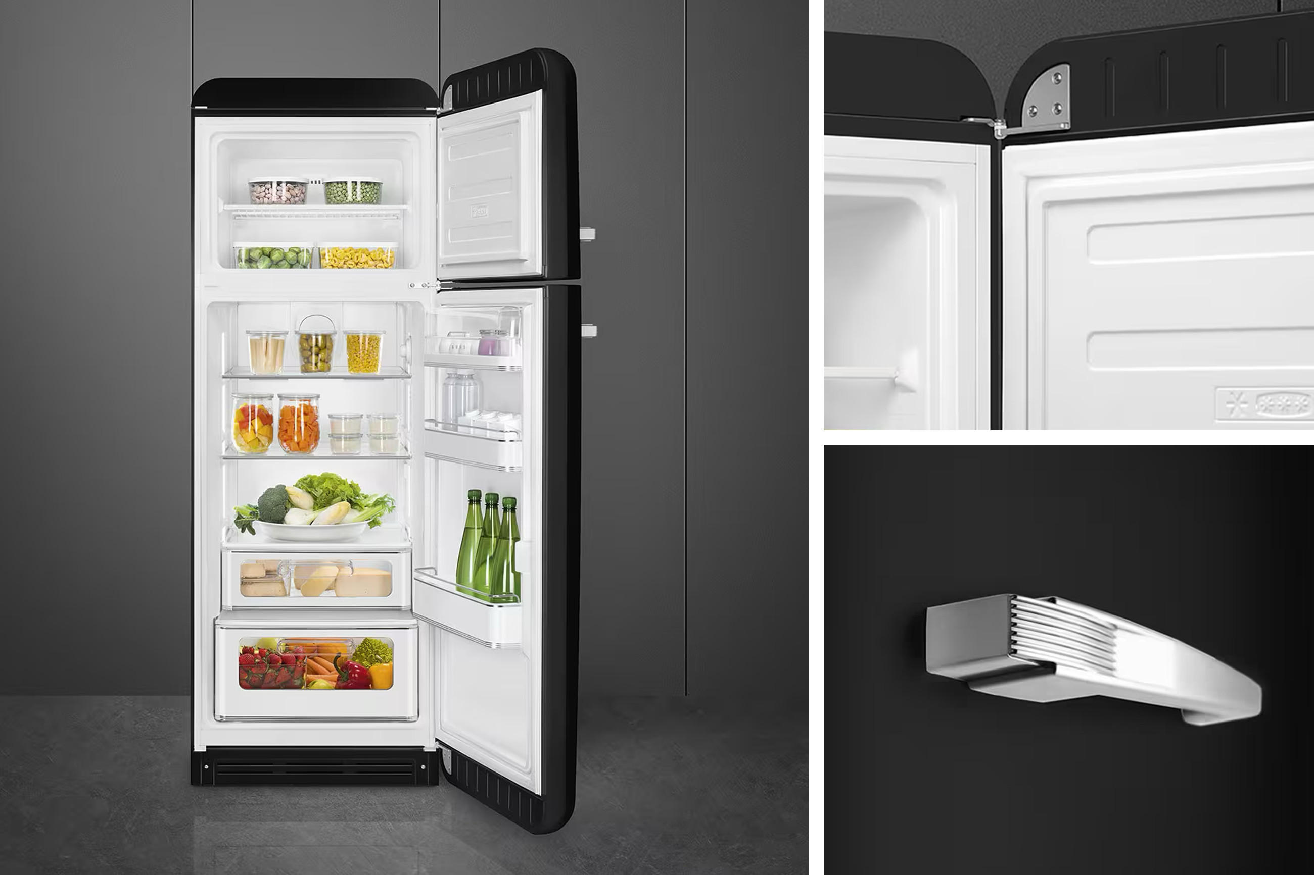 Collage von SMEG Kühlschrank mit eingeräumten Schubladen und Fächern, sowie zwei Nahaufnahmen von Griff und Innenraum.