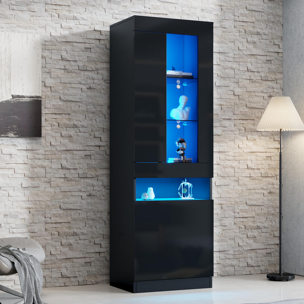 VITRINE LED Schwarz Stauraum Buffetschrank Wohnzimmerschrank modern - Schwarz, Holzwerkstoff (40/180/50cm) - FLIEKS