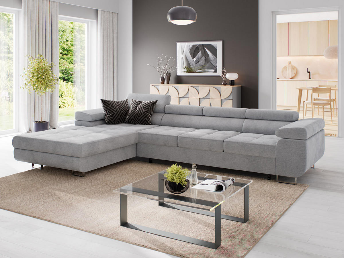 ECKSOFA VEMO CORE PLUS Links Hellrosa Velours-Stoff mit Schlaffunktion und Bettkasten - Pink, Holz/Metall (350/205cm) - Barchello