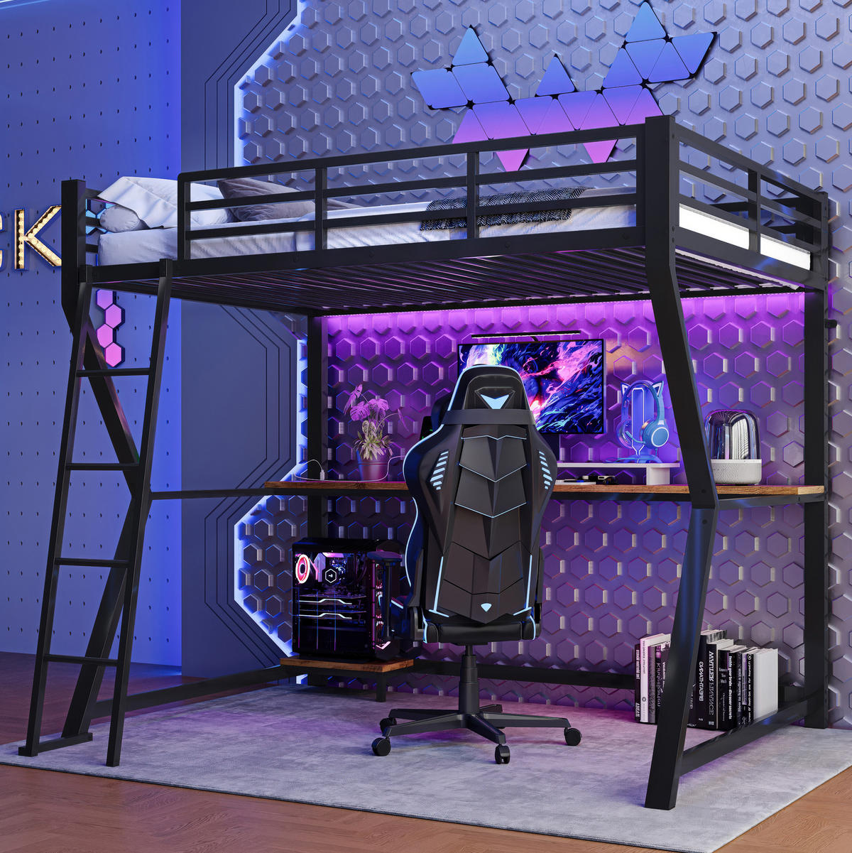 HOCHBETT 90/200 cm, Schwarz mit Schreibtisch, Steckdose und USB, ohne Matratze - Schwarz, Metall (90/200cm) - MIVRAY