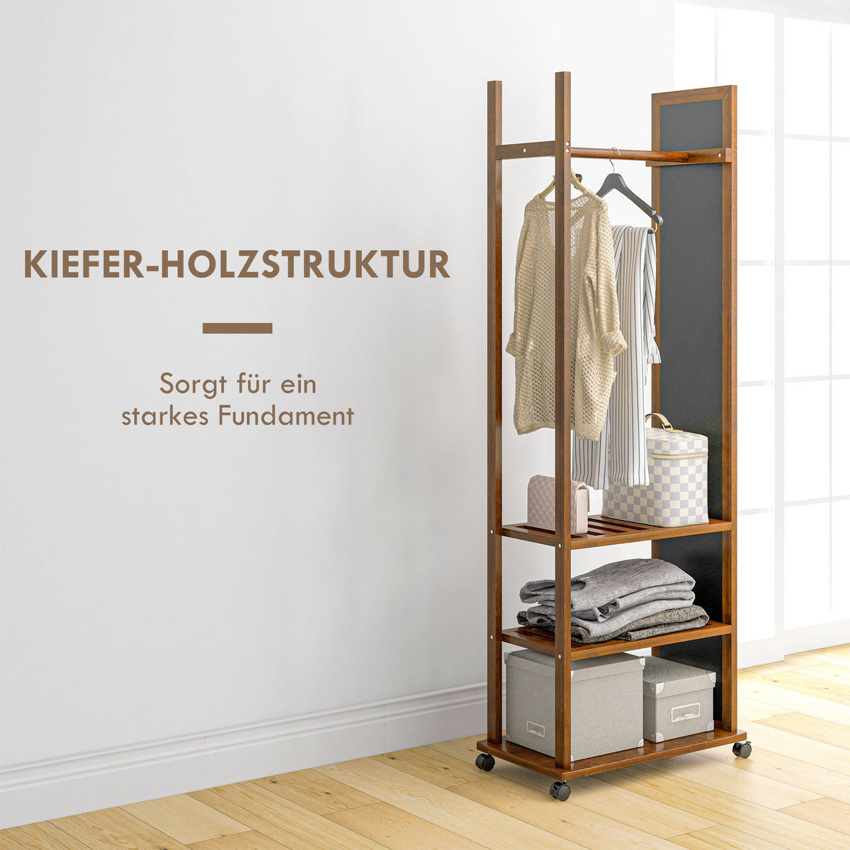 STANDSPIEGEL mit Ständer, 24,8 x 153,8 cm, mit 3 Ebenen, Kleiderstang - Naturfarben, Glas (59.8/170/35.8cm) - HOMCOM