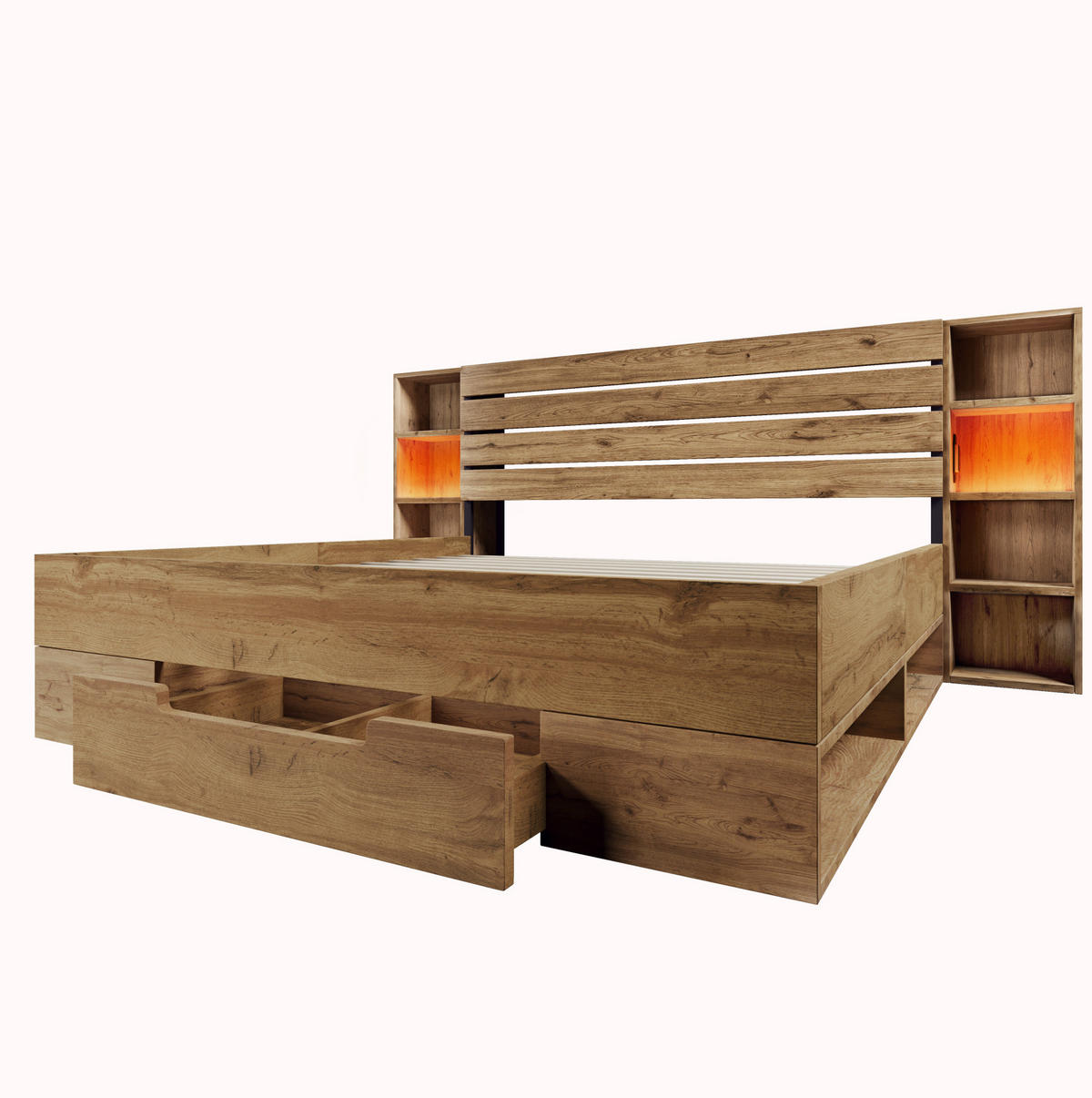 POLSTERBETT 180/200 cm in Eiche mit LED-Beleuchtung, Stauraum und USB-/Type-C-Anschlüssen - Eichefarben, Metall (180/200cm) - Flora Grace