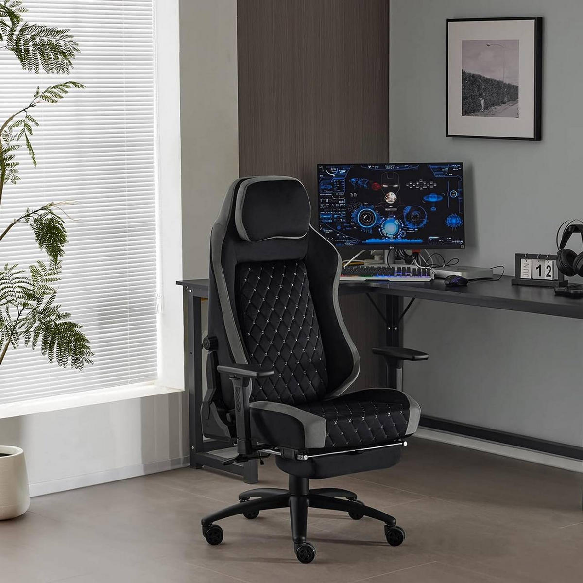 GAMINGSTUHL Samtbezug, Metallrahmen, Schwarz+Grau - Schwarz/Grau, Kunststoff/Textil (73/122.5/65cm) - Woltu