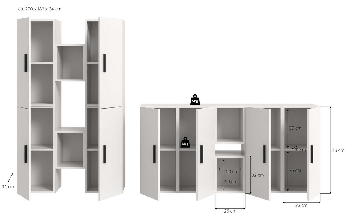 WOHNWAND The One weiß 270/34/182 cm - Weiß, Holzwerkstoff (270/182/34cm) - Xonox