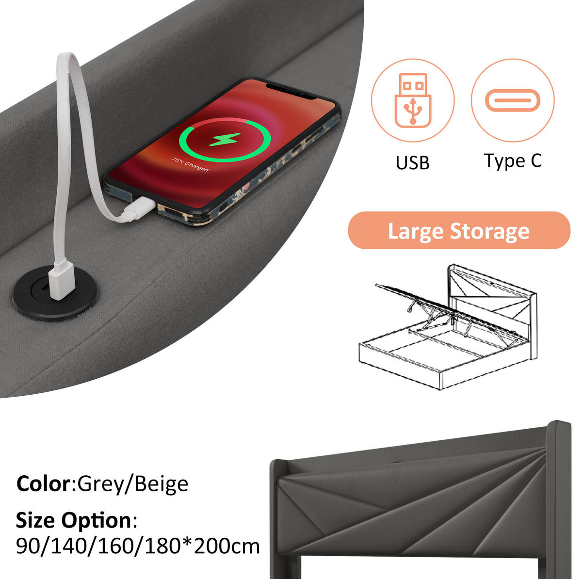 POLSTERBETT aus Baumwoll-Leinen 160x200 cm Grau mit Bettkasten, USB-/USB-C-Anschluss und Matratze - Grau, Textil (160/200cm) - IVMEU