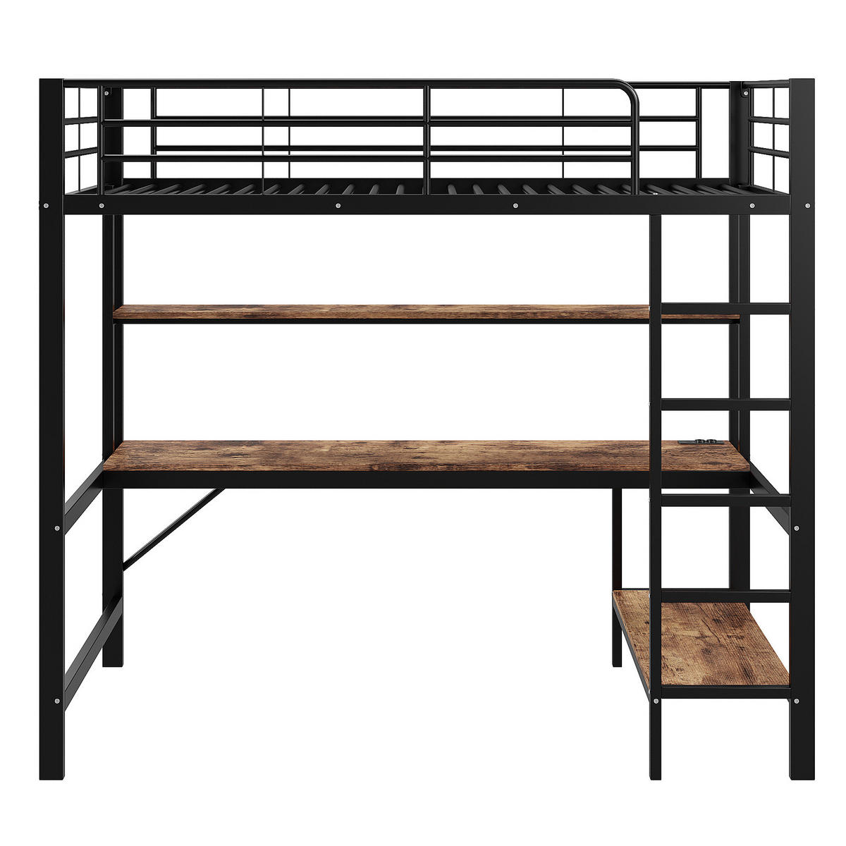 HOCHBETT mit Schreibtisch 90/200 cm in Schwarz – mit Regal, USB und LED - Schwarz, Metall (90/200cm) - BEAOK