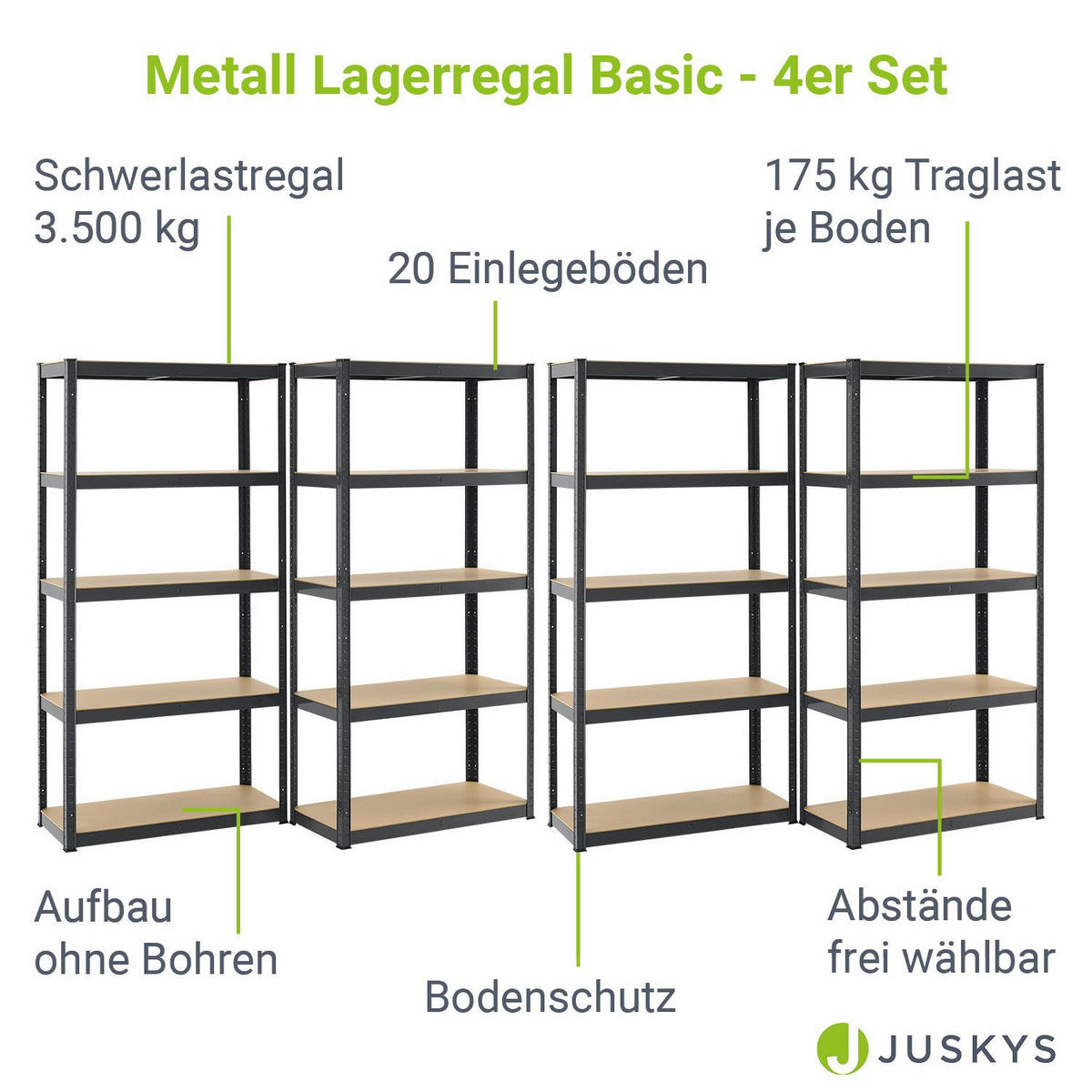 LAGERREGAL Basic grau 180x90x40 cm (4er-Set) - Grau, Metall (90/180/40cm) - Juskys