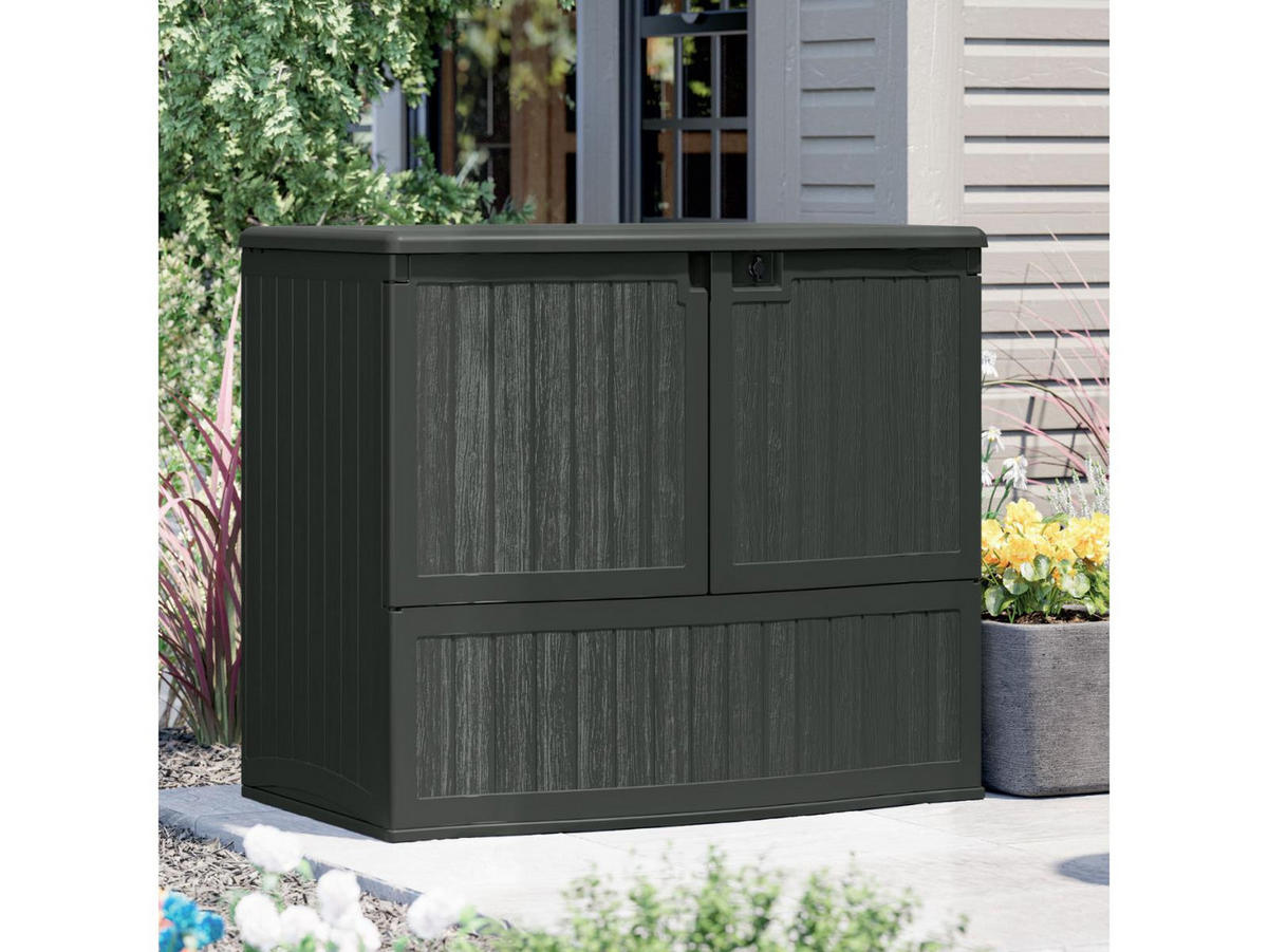 GARTENSCHRANK 738 Liter in Barhöhe mit aufklappbarer Arbeitsfläche, zwei Fronttüren und Camlock-Schloss, 124 × 77 × 105 cm, anthrazit - Braun, Kunststoff (80/175/120cm) - Suncast