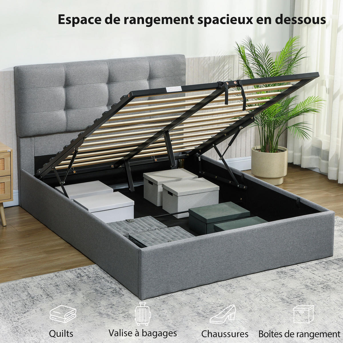 BETT 140x190 cm DE-14637 mit Lift-Stauraum und gepolstertem Kopfteil Grau - Grau, Textil (140/190cm) - ComfortXL