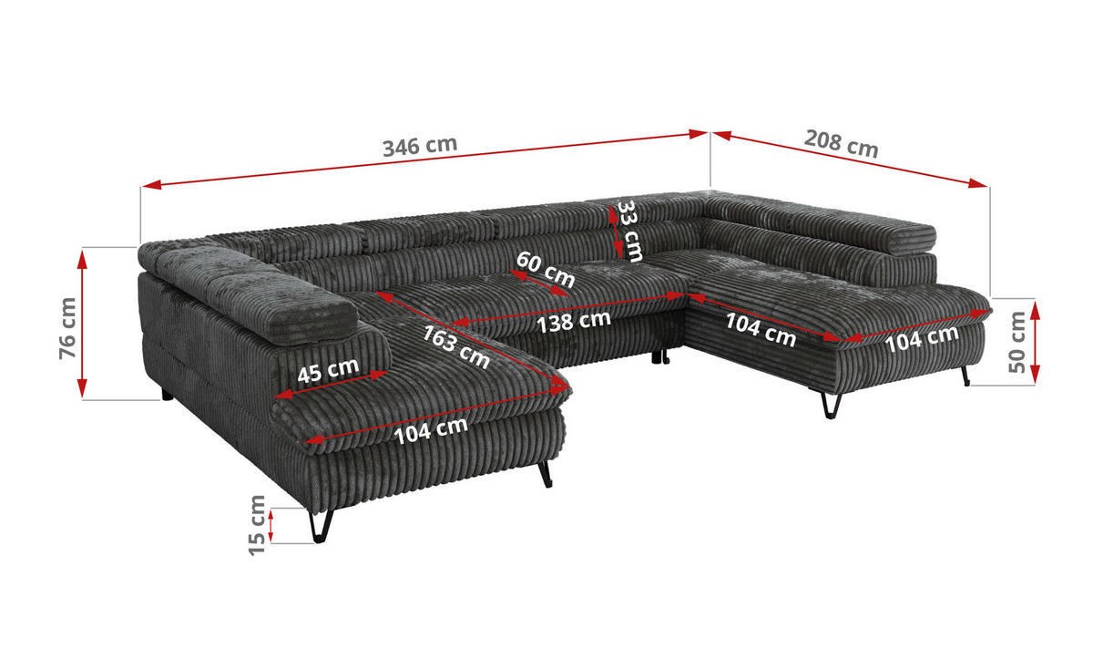 WOHNLANDSCHAFT PABLO U Cord Grau - Dunkelgrau/Schwarz, Textil/Metall (346/76/208cm) - MKS