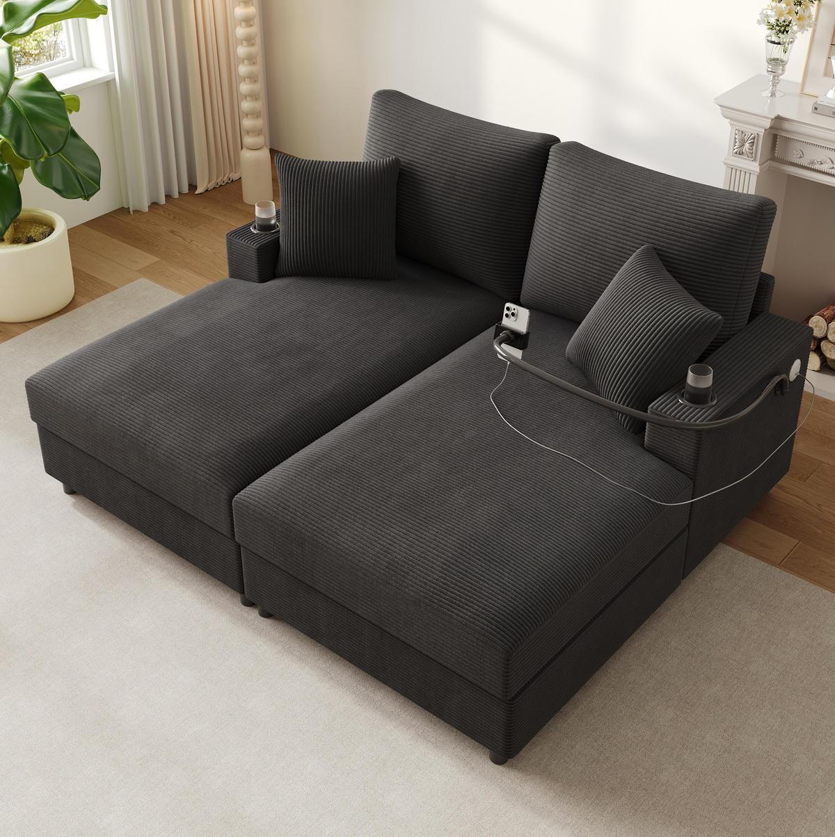 2-SITZER Schlafsofa Cord mit USB-Anschluss und Getränkehaltern Grau 163/140/82 cm - Grau, Textil (140/82/163cm) - Redom