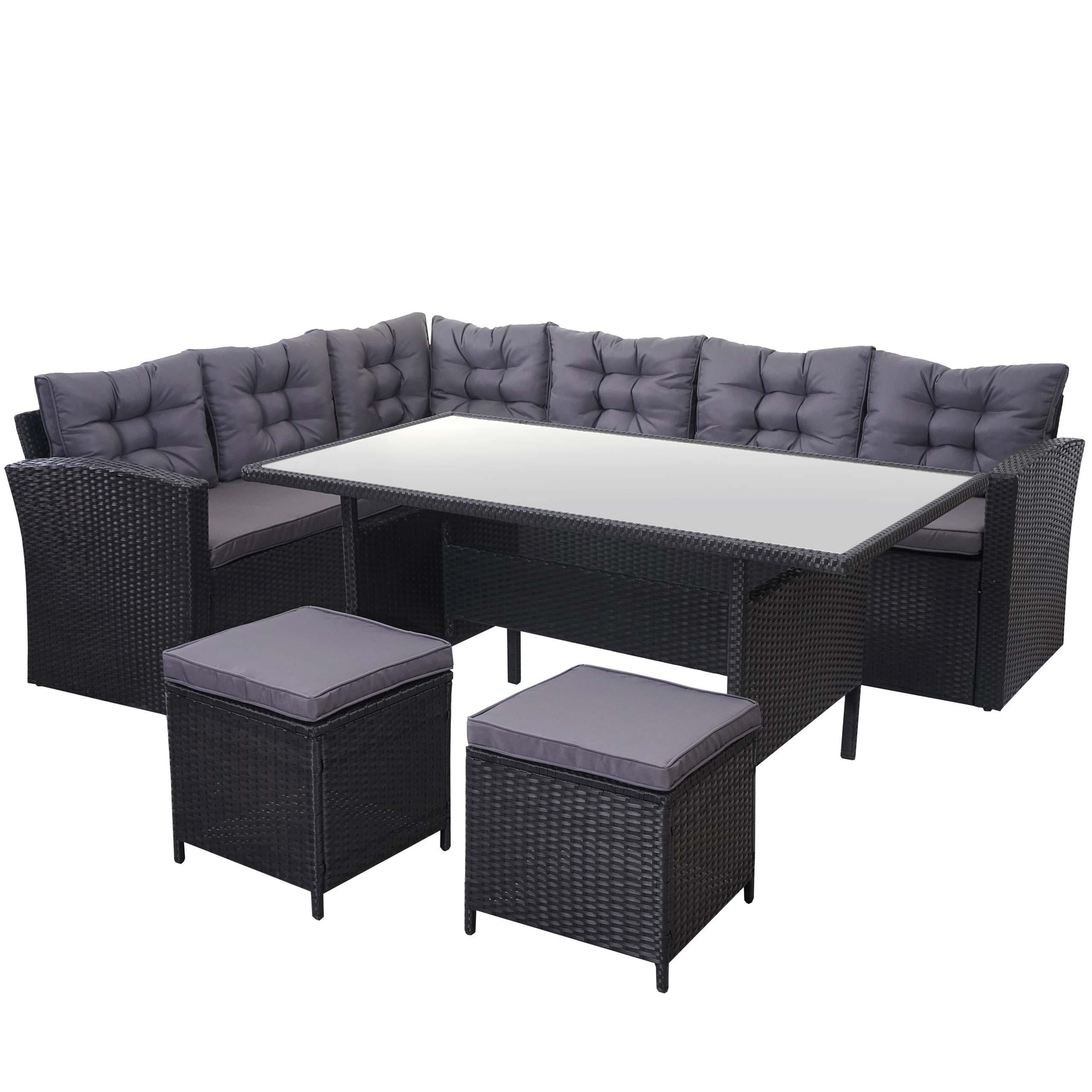 POLY-RATTAN-GARNITUR + HOCKER Schwarz 4er-Set - Schwarz, Kunststoff - MCW