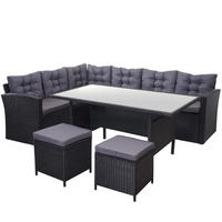 POLY-RATTAN-GARNITUR + HOCKER Schwarz 4er-Set - Schwarz, Kunststoff - MCW