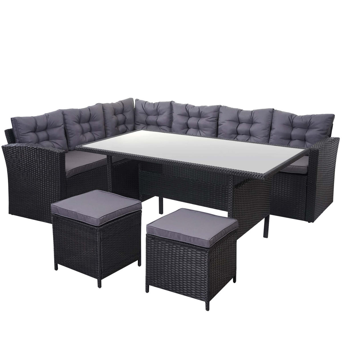 POLY-RATTAN-GARNITUR + HOCKER Schwarz 4er-Set - Schwarz, Kunststoff - MCW