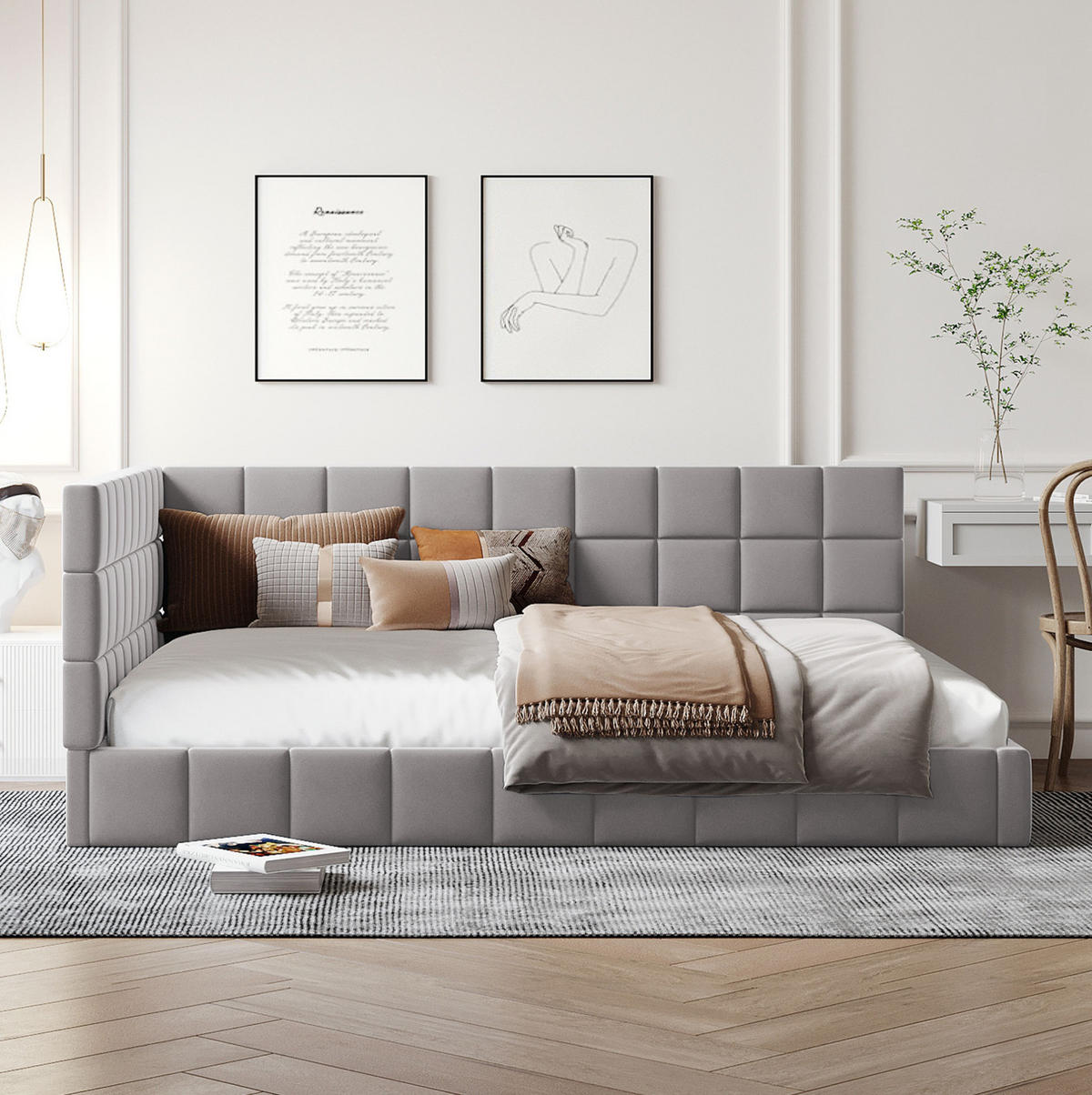 DENNÁ posteľ z čalúneného textilu 140x200 cm sivá s roštom, opierkou chrbta a výmennou bočnicou - sivá, koža (140/200cm) - Modfu