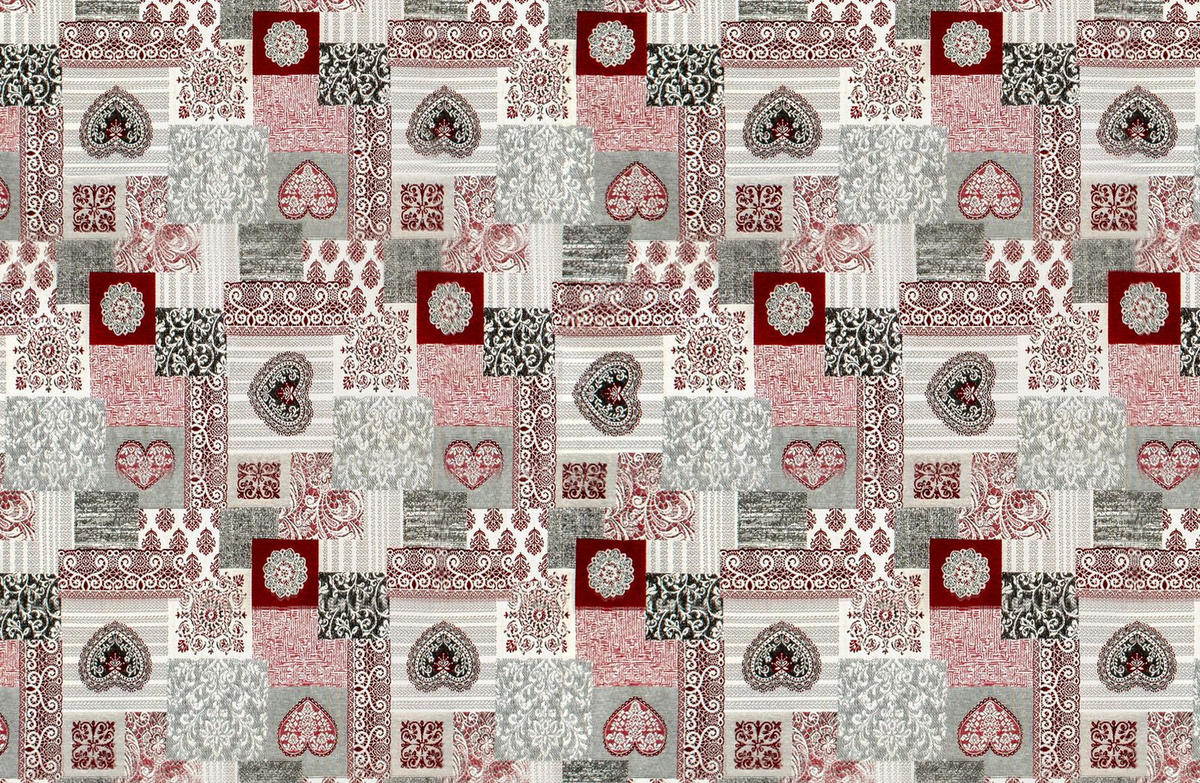 OHRENSESSEL Sofia Relaxsessel mit Hocker | Patchwork Ornamente, Herz Rot - Weinrot/Grau, Textil (92/68/95cm) - Supellex