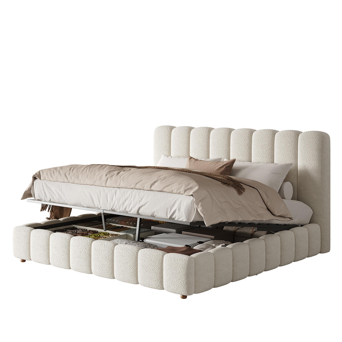 POLSTERBETT 160/200 cm in Weiß Bouclé mit Bettkasten - Weiß, Holzwerkstoff/Textil (160/200cm) - CHICFURN