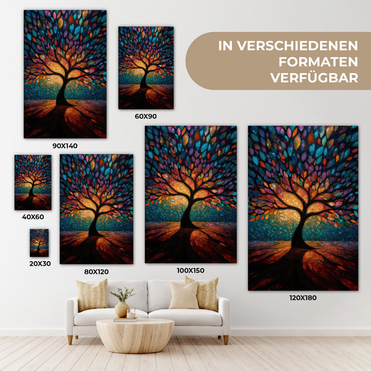 LEINWANDBILD Mosaik - Bunt - Baum - Äste Deko XXL 80x120 cm - Multicolor, Textil (80/120cm) - MuchoWow
