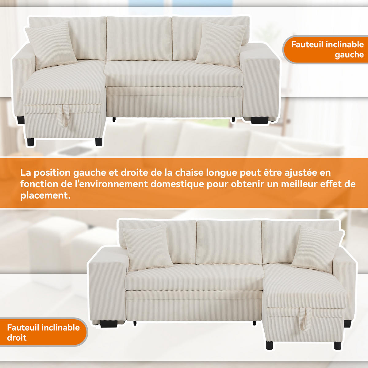 SOFA L-Form Klappsofa Schlaffunktion USB Stauraum Umbau Sofa 3-Sitzer - Beige, Holz (73/53.98cm) - FLIEKS