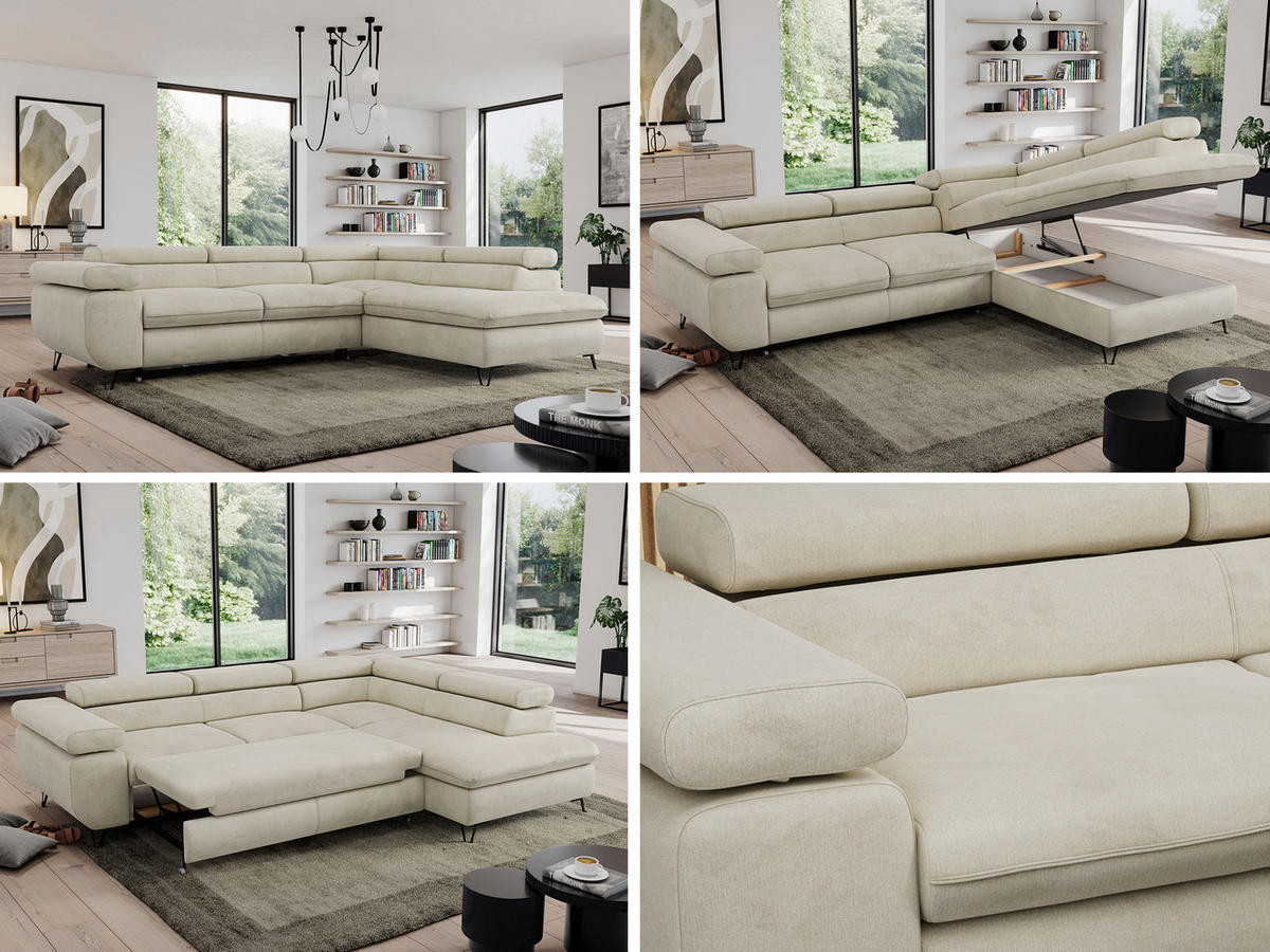 ECKSOFA PEDRO L Beige Velvet - Rechts Seite - Beige/Schwarz, Textil/Metall (273/208cm) - MKS