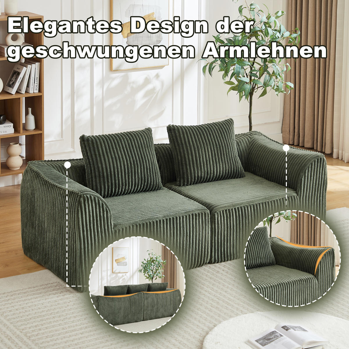 2-SITZER SOFA Cord Minimalistisch & Modular - Grün, Textil (185/72.5/101cm) - Urban Meuble