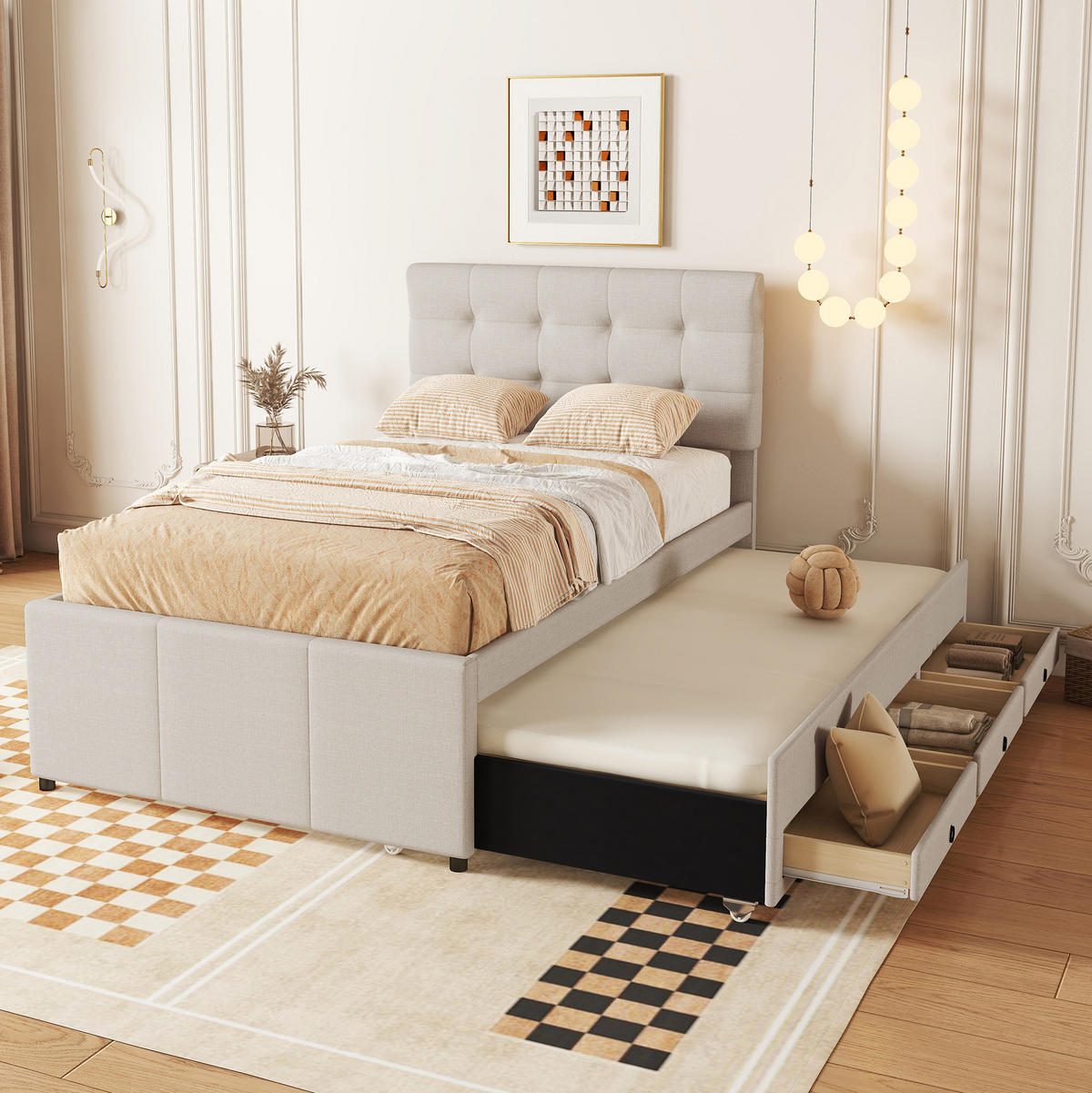 POLSTERBETT 90/200 cm mit ausziehbarem Rollbett, 3 Schubladen und verstellbarem Kopfteil, Beige - Beige, Textil (90/200cm) - Redom