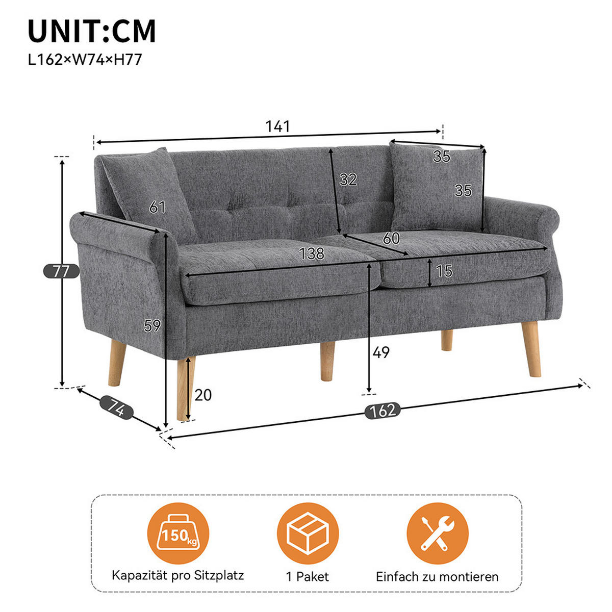 DOPPELSOFA in Grau Chenille-Stoff mit dicken Kissen - Grau, Holz/Textil (74/77/162cm) - KOMHTOM