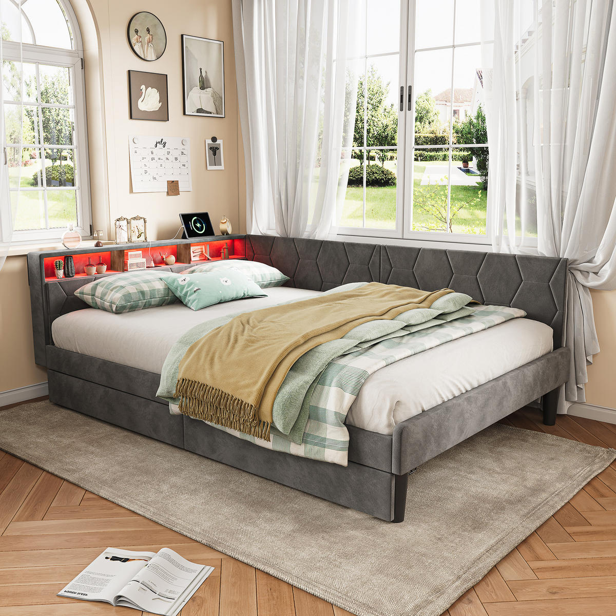 POLSTERBETT 140x200 cm, Stauraumkopf mit Ablagen, 2 Schubladen, LED und USB, Samt in Grau - Grau, Holz (140/200cm) - BRILVERDE