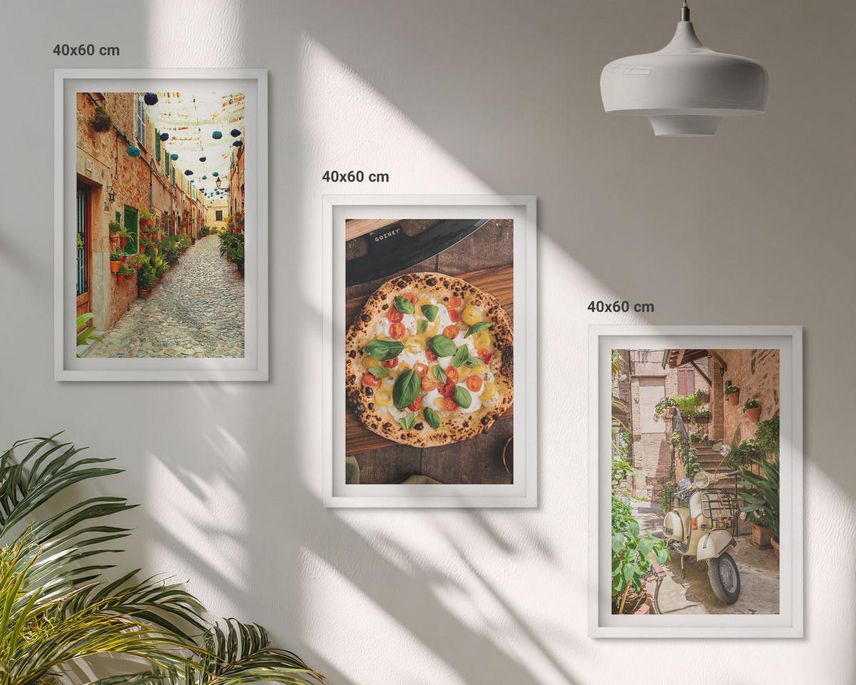 WANDBILDER 3er-Set - 40x60 cm Weißer Rahmen - Charmante Straßen mit Pizza - Weiß, Kunststoff (40/60cm) - ArtPrintCave
