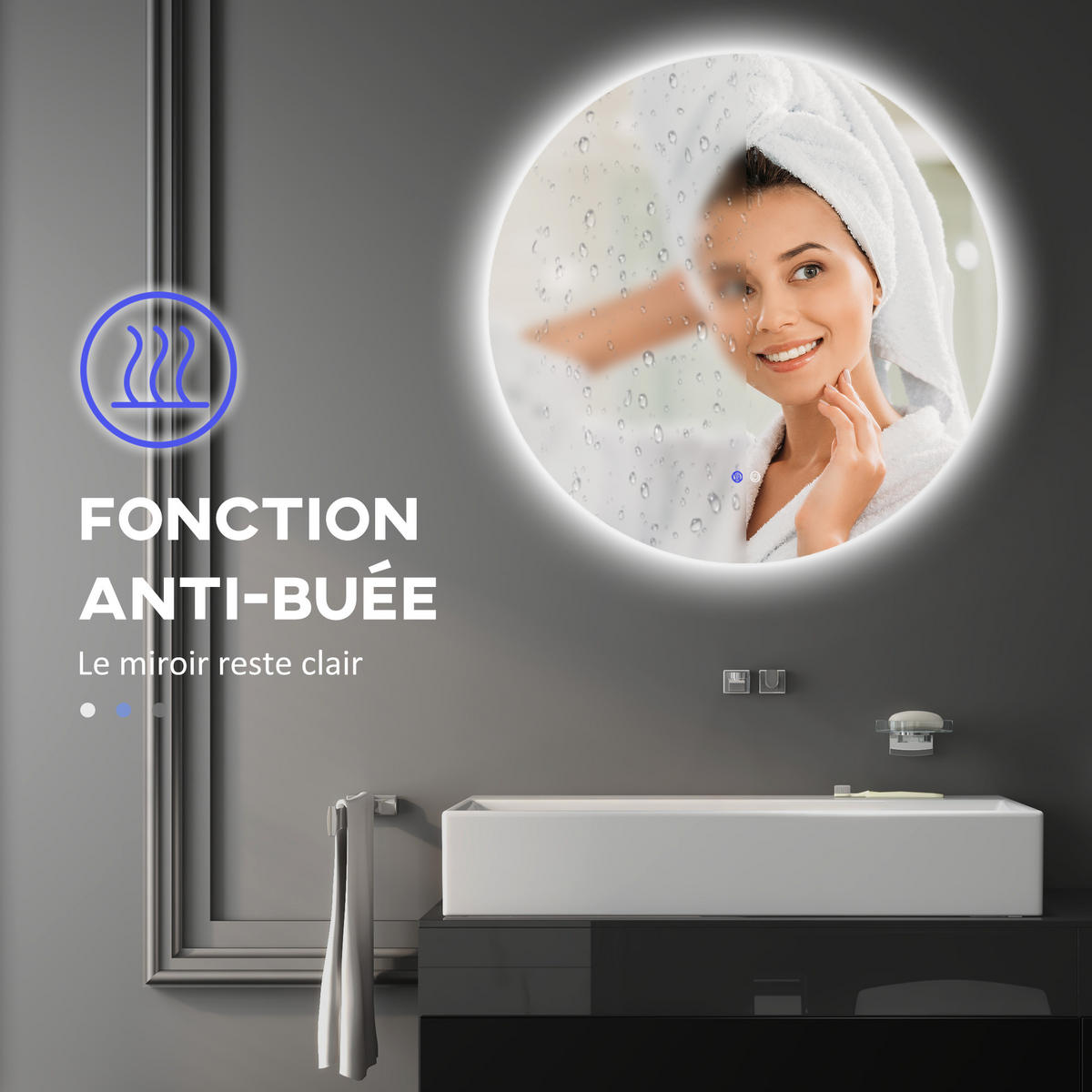 BADEZIMMERSPIEGEL DE-15132 Ø 60 cm mit 3 LED-Farben und dimmbar Grau - Silberfarben, Glas (60/3.5/60cm) - ComfortXL