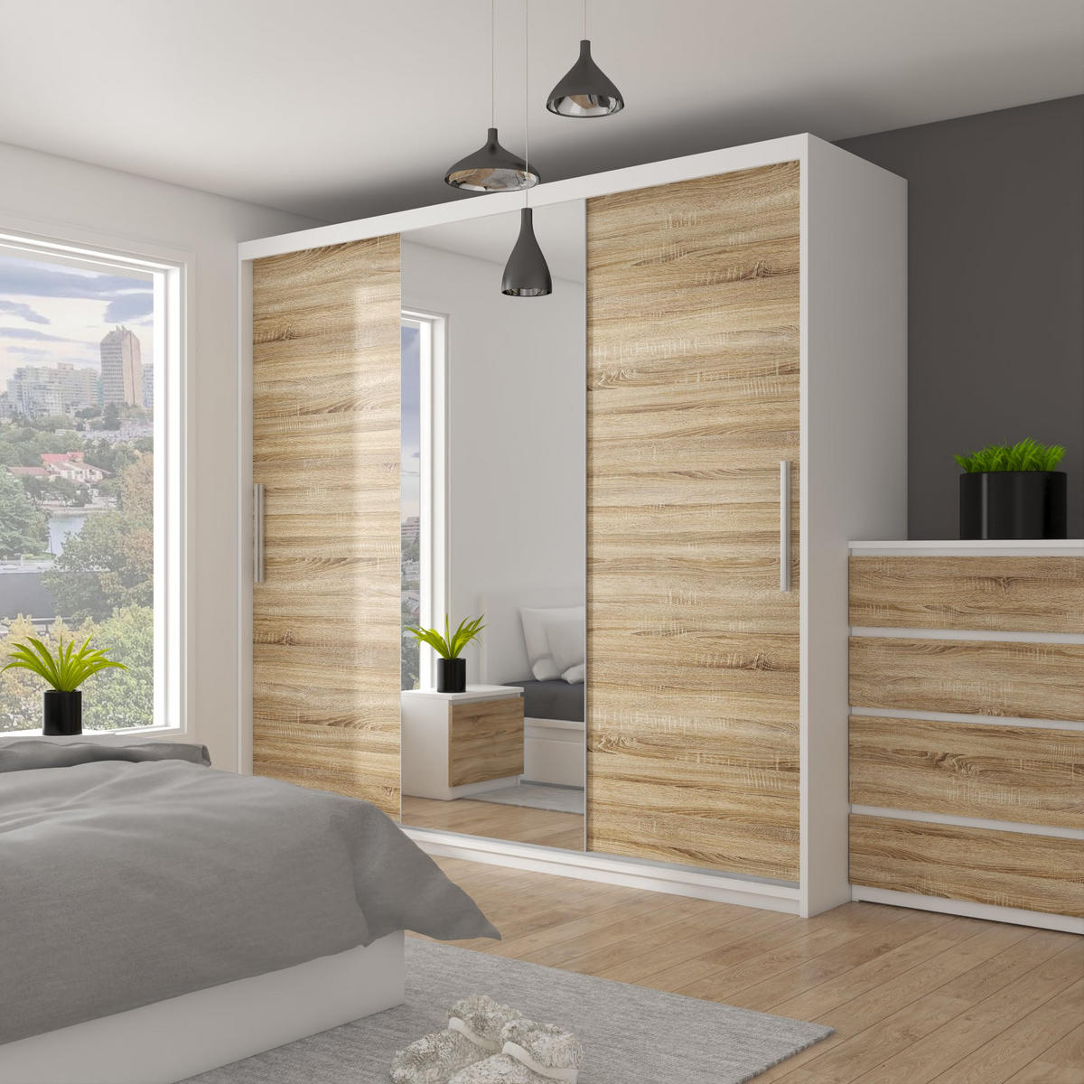 SCHWEBETÜRENSCHRANK Verona ME, Weiß/Sonoma Eiche Matt, 232 cm, mit Spiegel - Sonoma Eiche, Holz (232/216/60cm) - B BELINI GROUP