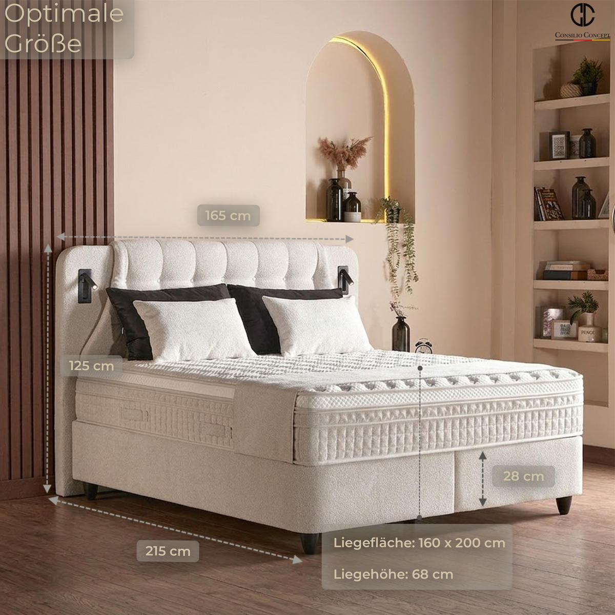 BOXSPRINGBETT MIT BETTKASTEN OSLO 160/200 cm, Ivory, Bettkasten, Matratze, Topper integriert, H3 mittel 7-Zonen Matratze - Creme/Schwarz, Holz/Kunststoff (160/200cm) - Consilio Concept