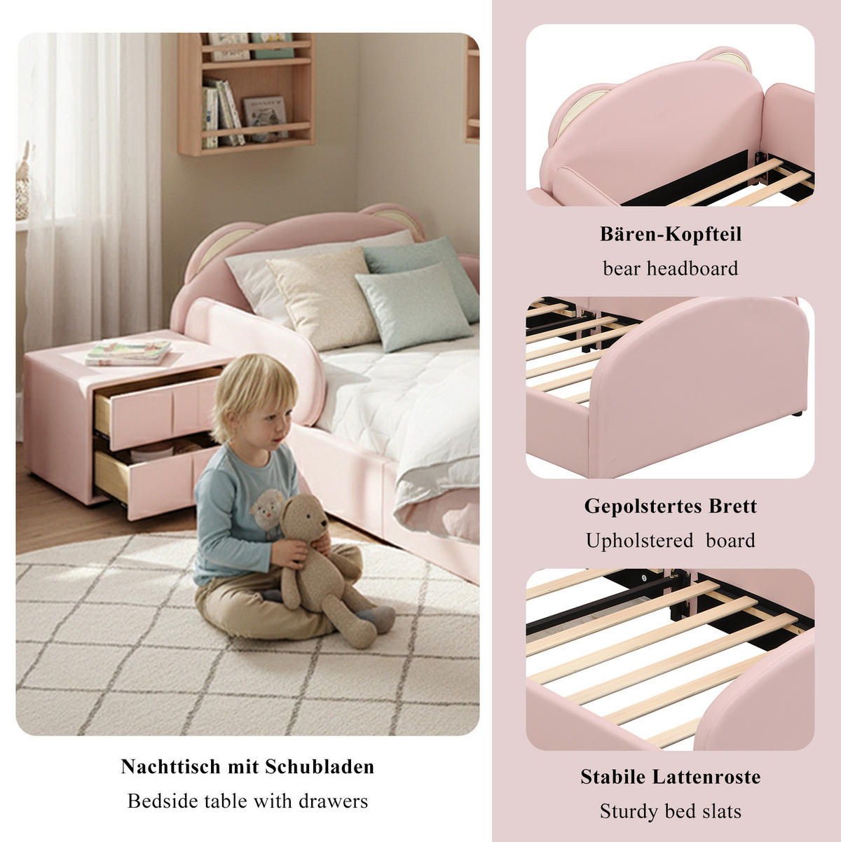 POLSTERBETT Bären-Design 90/200 cm, Rosa mit Nachttisch ohne Matratze - Rosa, Kunststoff (90/200cm) - MIVRAY