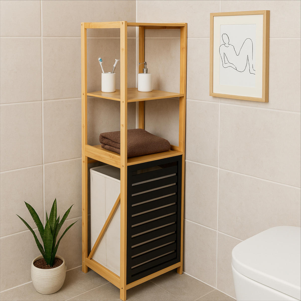 BADEZIMMERREGAL Bambus Schwarz Wäschekorb 36/33/130 cm - Hellbraun/Schwarz, Holz (36/130/33cm) - Begryf