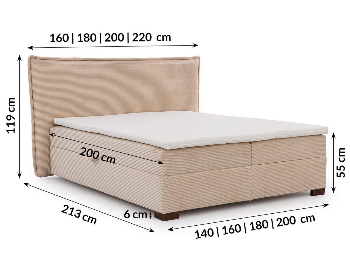 BOXBETT Lovetti II, Cord, H3 - Beige/Dunkelbraun, Holz/Kunststoff (200/160cm) - S-Style Möbel