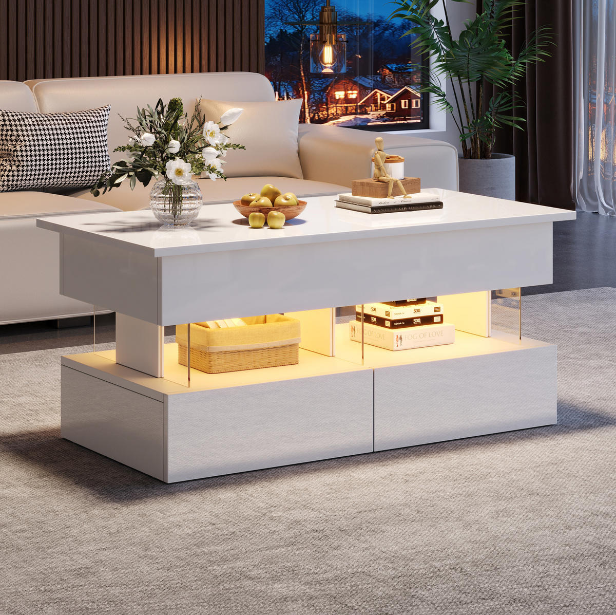 COUCHTISCH aus MDF und Acryl 100x50x46 cm Weiß mit hydraulischer Hubfunktion, 2 Schubladen, LED und verstecktem Stauraum - Weiß, Holzwerkstoff (120/50/46cm) - Modfu