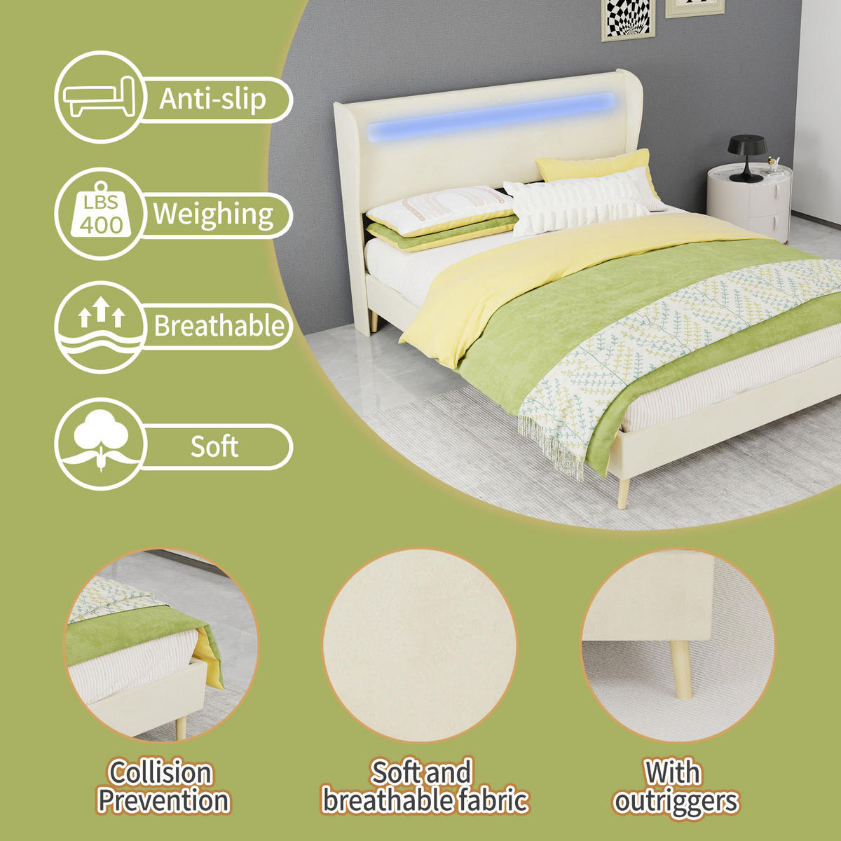POLSTERBETT 140/200 cm DE-35471 mit LED-Kopfteil Beige - Beige, Metall (140/200cm) - ComfortXL