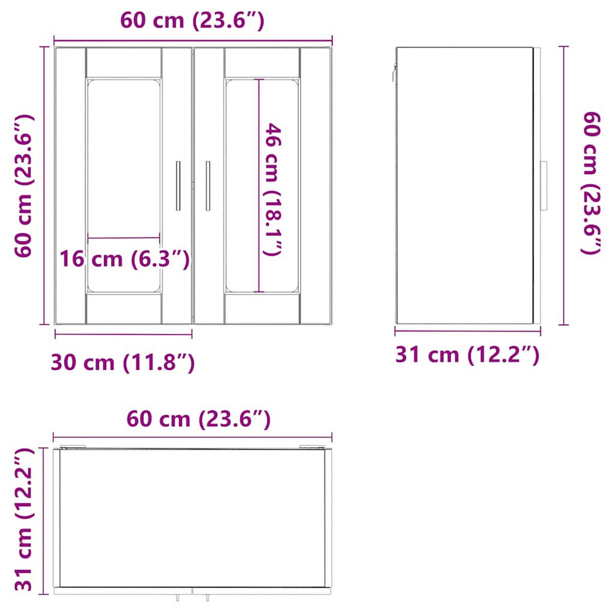 KÜCHENOBERSCHRANK Porto mit 2 Glas Türen 60/31/60 cm aus Holzwerkstoff Weiß - Schwarz/Weiß, Holz (60/60/31cm) - vidaXL