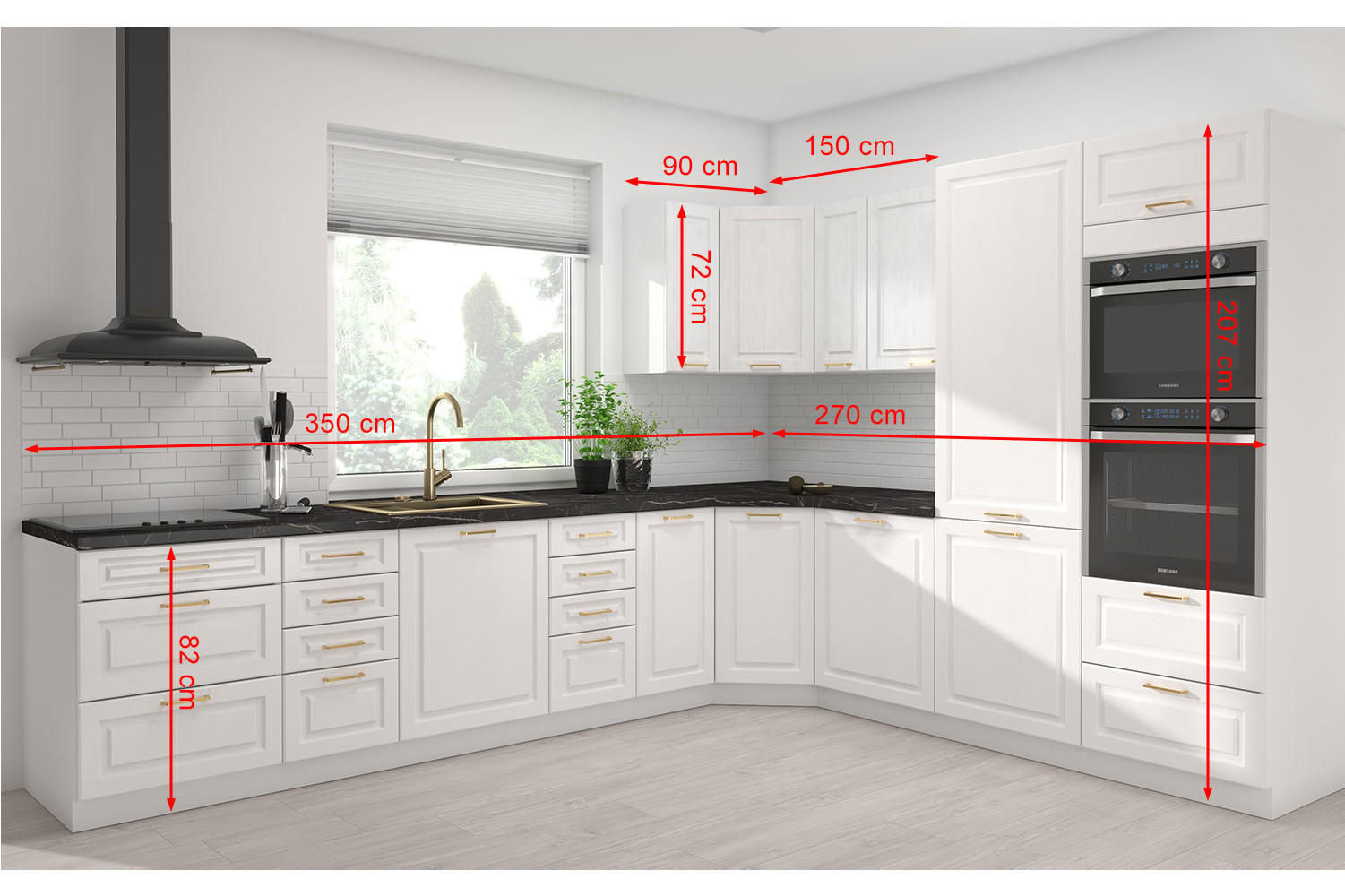WINKELKÜCHE Elbing weiß matt 350 / 270 / 207cm mit Teilauszug (Blum Metabox) - Weiß, Holzwerkstoff/Metall (350/207/270cm) - Feldmann-Wohnen