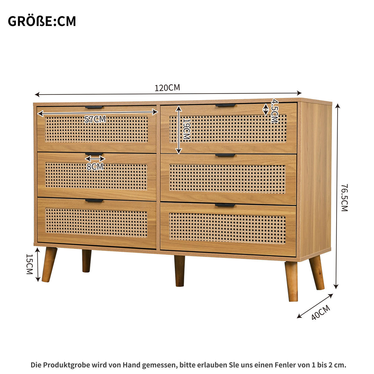 KOMMODE, 6 Schubladen, mit Retro-Rattan-Optik und Metallgriffen, 120x40x76,5 cm, Walnussfarben - Walnussfarben, Holzwerkstoff (40/76.5/120cm) - Modfu