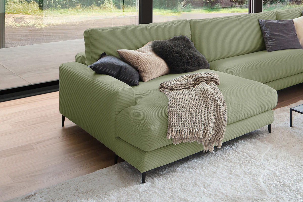 WOHNLANDSCHAFT CARA Grün Cord - Schwarz/Grün, Textil (341/84/223cm) - KAWOLA