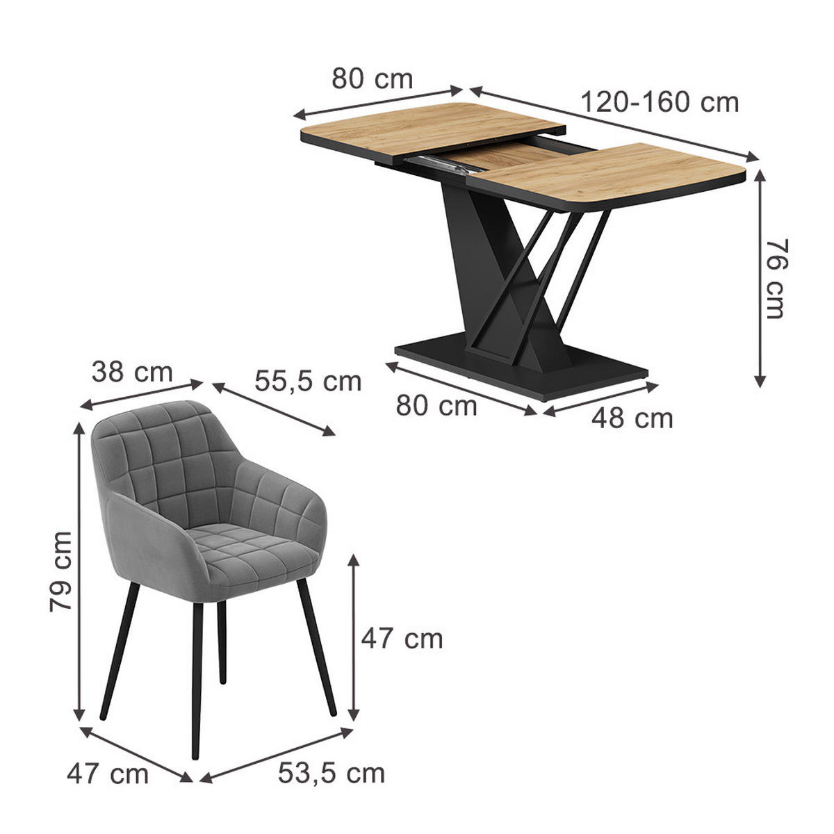 JEDILNA MIZA Fenaro, Zlati hrast z močjo/Črna, 120 x 80 cm s 4 jedilnimi stoli - črna/barve hrasta, leseni material (120/76/80cm) - Vicco
