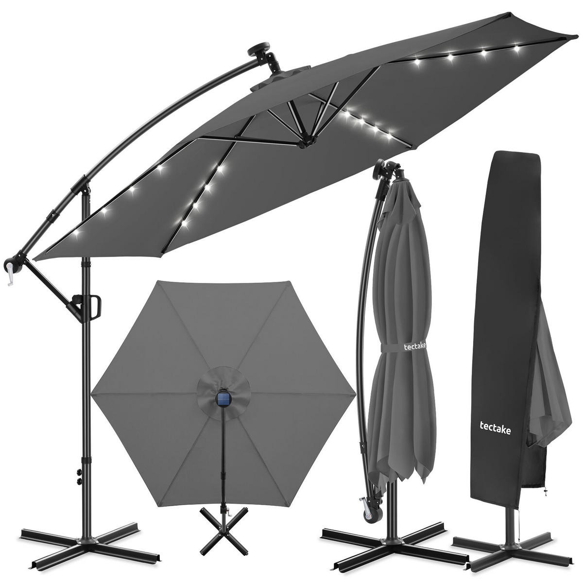 AMPELSCHIRM Artemis, mit LED Solar-Beleuchtung, inkl. Schutzhülle, grau - Grau, Metall (350/337cm) - tectake